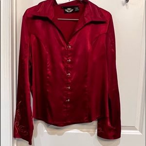 HD Harley Davidson Flames Red Satin Embroidered Blouse Vintage Size XL